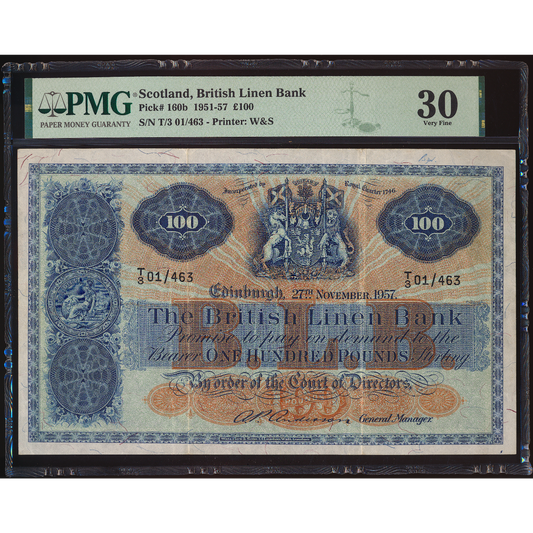 SCOTLAND P.160b SC244 1957 British Linen Bank £100 VF30