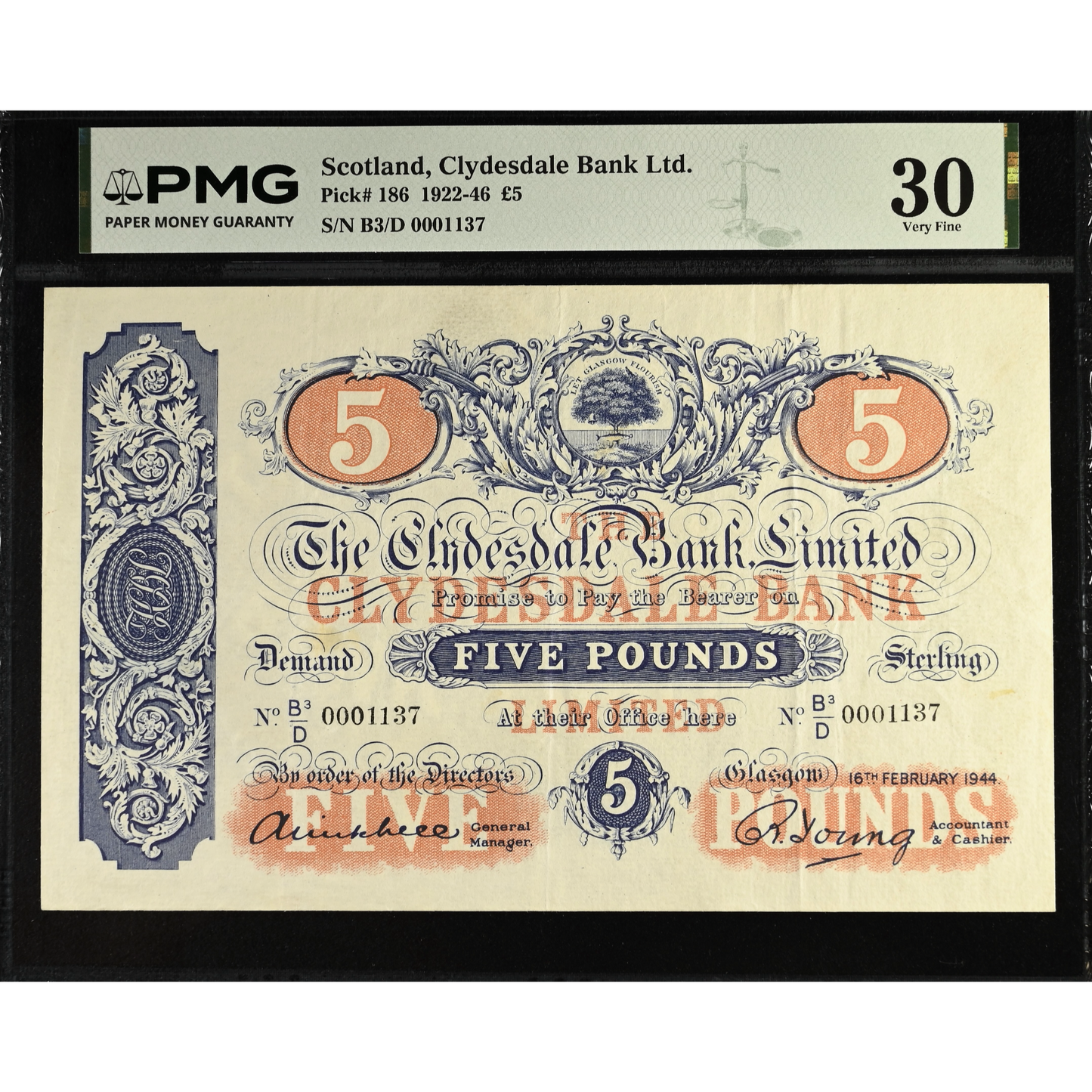 SCOTLAND P.186 SC305d 1944 The Clydesdale Bank Ltd £5 B3/D VF30