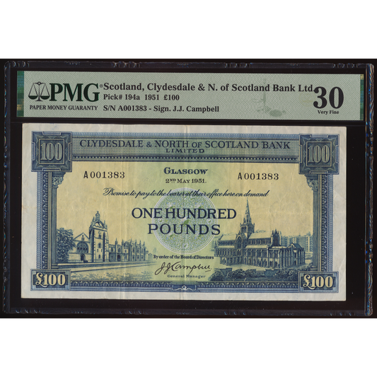 SCOTLAND P.194 SC316a 1951 Clydesdale & North of Scotland Bank £100 VF30