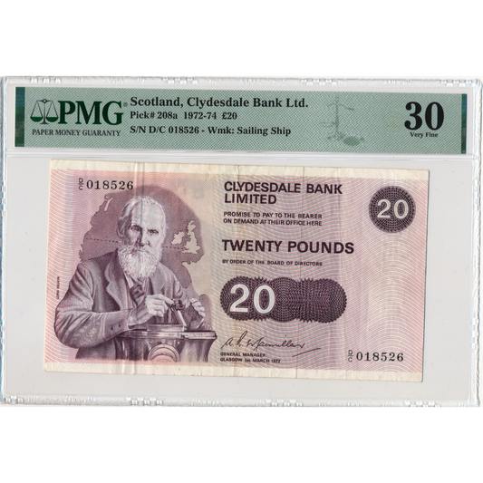 SCOTLAND P.208a SC324a 1972 Clydesdale Bank £20 VF 30