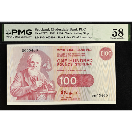 SCOTLAND P.217b SC371b 1991 Clydesdale Bank £100 D/M Choice AUNC 58
