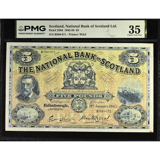 SCOTLAND P.259d SC512d 1943 National Bank of Scotland £5 VF 30