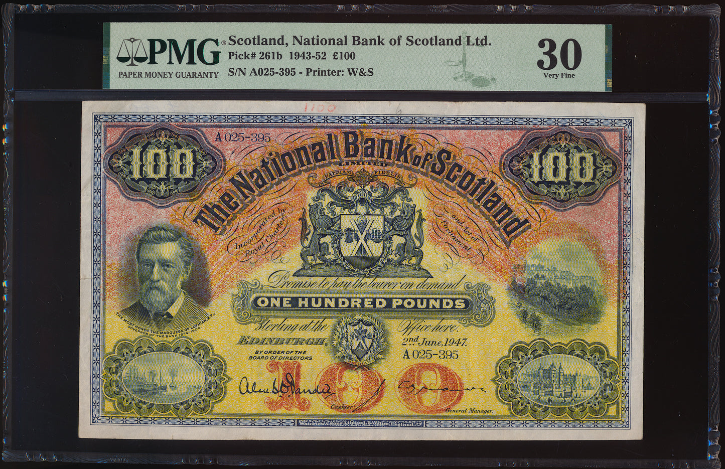SCOTLAND P.261b SC532b 1947 National Bank of Scotland £100 VF30