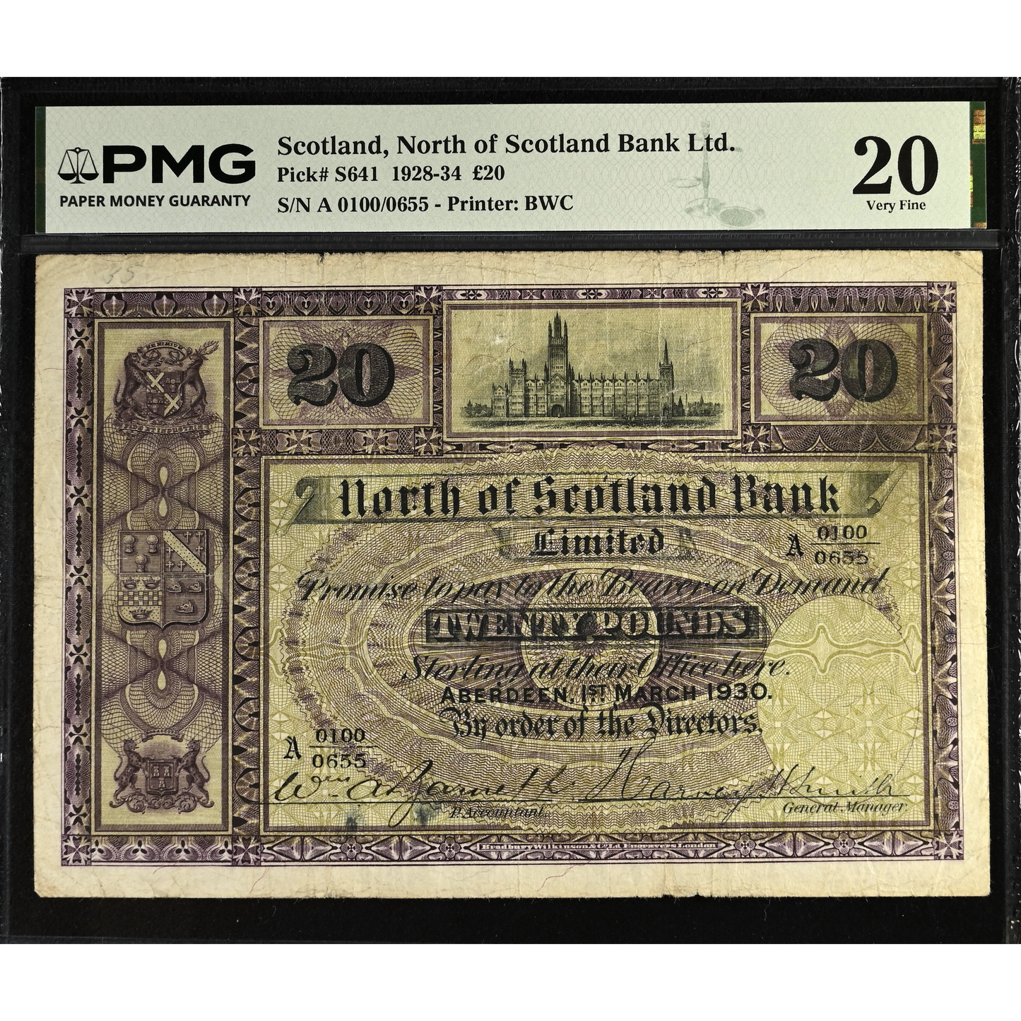 SCOTLAND P.S641 SC716 1930 North of Scotland Bank £20 VF 20