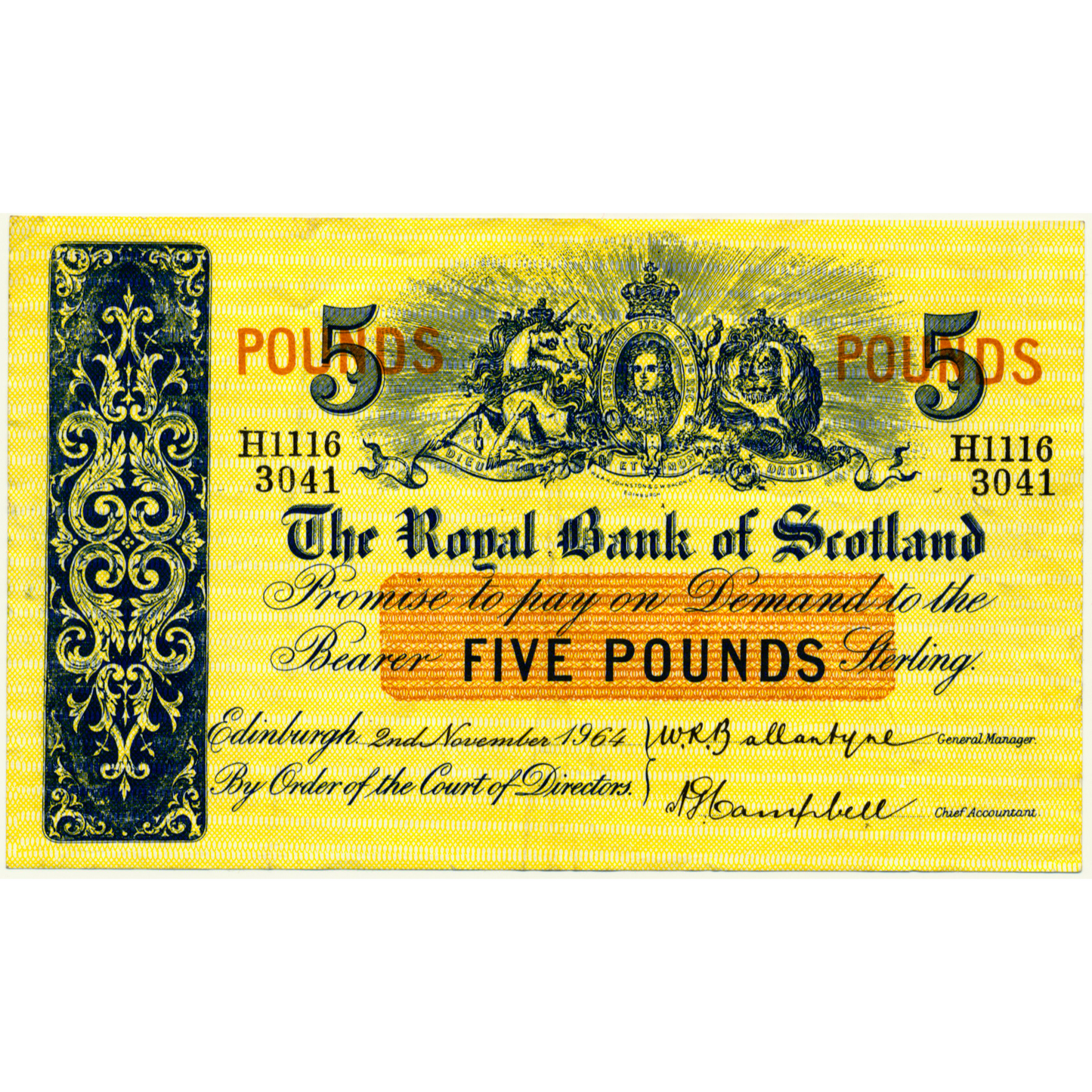 SCOTLAND P.326a SC808a 1964 Royal Bank of Scotland £5 GVF H