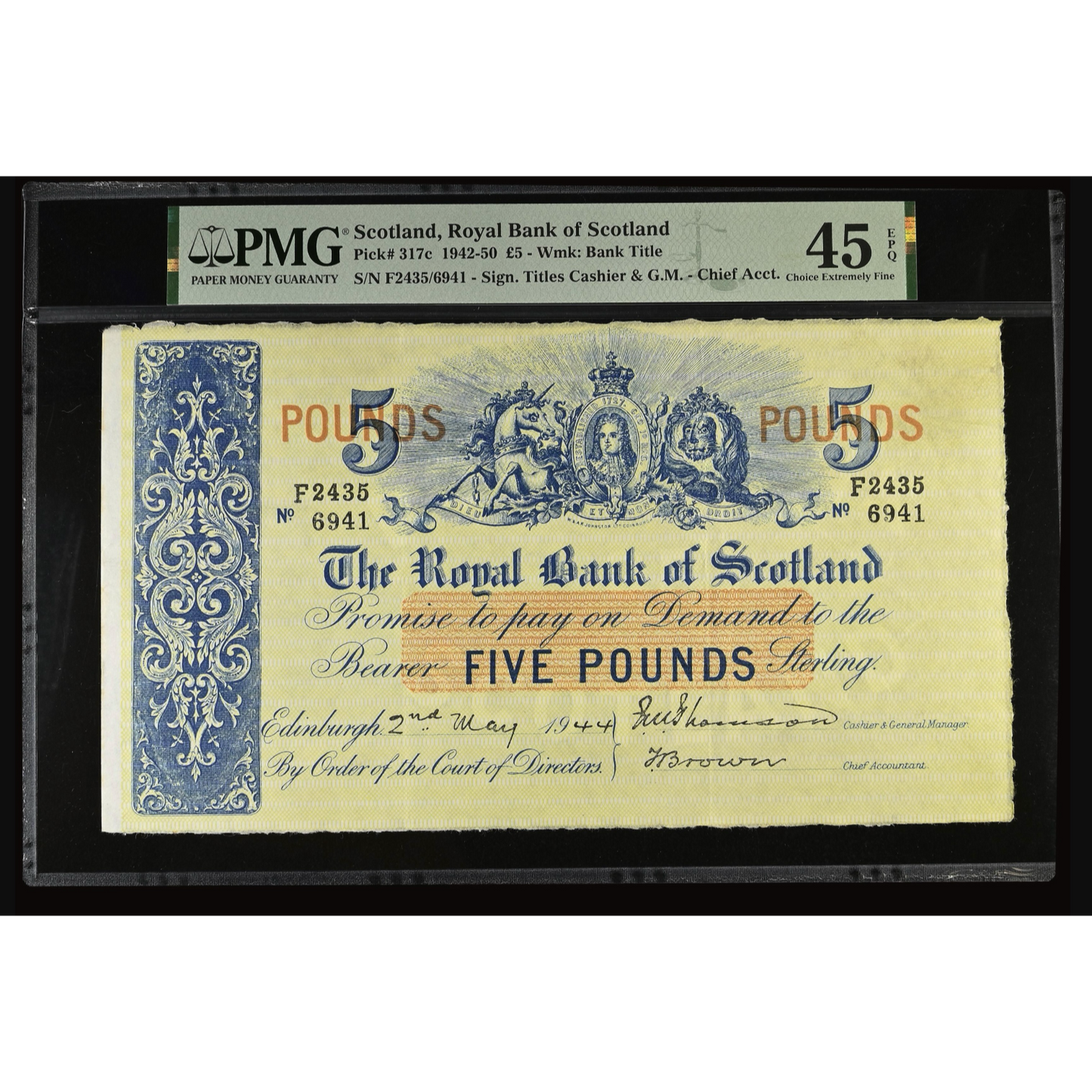 SCOTLAND P.317c SC811a 1944 Royal Bank of Scotland £5 Choice EF45 EPQ