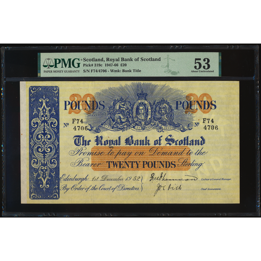 SCOTLAND P.319c SC811c 1952 Royal Bank of Scotland £20 AUNC53