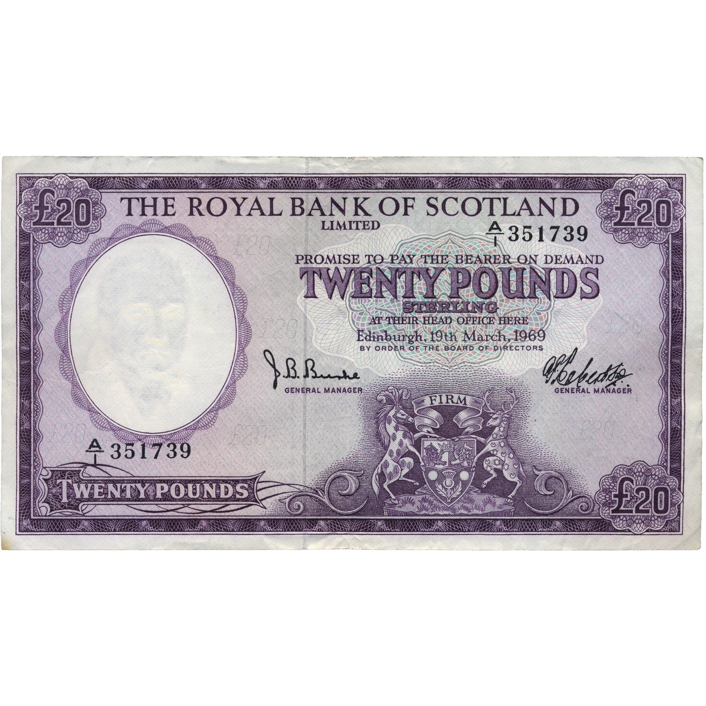 SCOTLAND P.332 SC820 1969 Royal Bank of Scotland £20 A/1  GVF