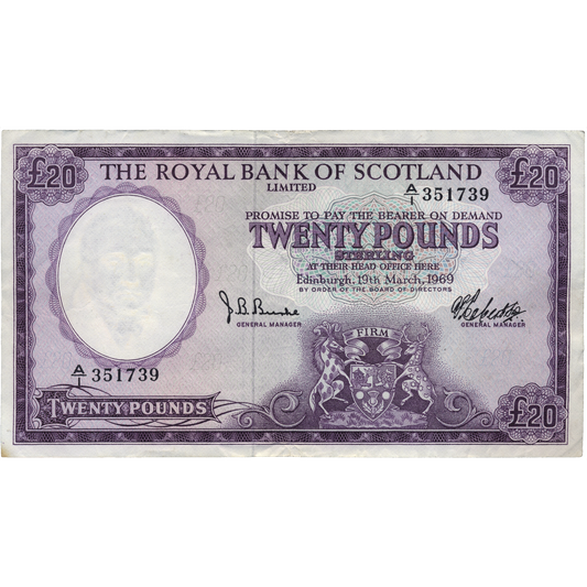 SCOTLAND P.332 SC820 1969 Royal Bank of Scotland £20 A/1  GVF