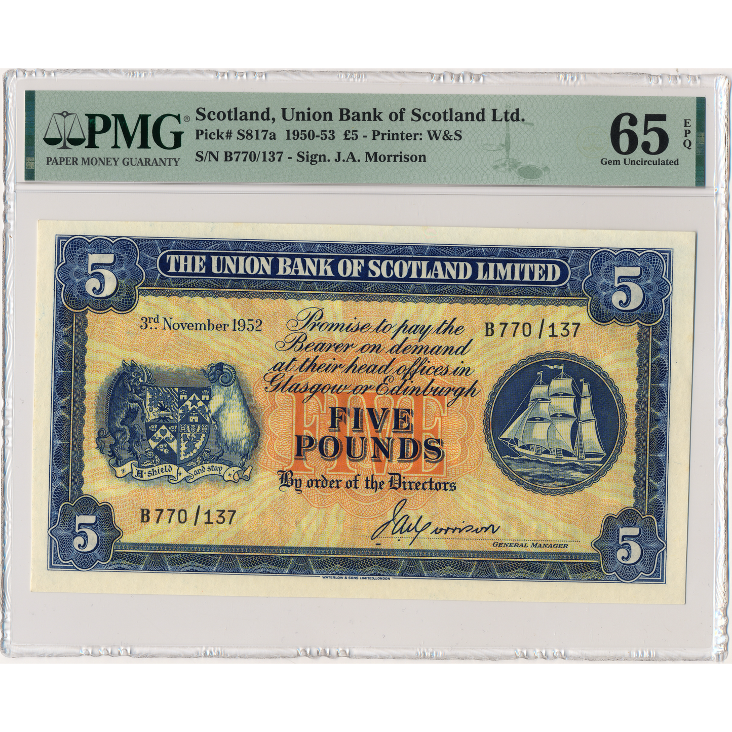 SCOTLAND P.S817a SC913a 1952 Union Bank of Scotland £5 Gem UNC 65 EPQ