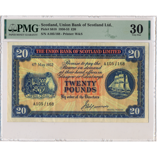 SCOTLAND P.S818 SC933 1952 Union Bank of Scotland £20 VF 30