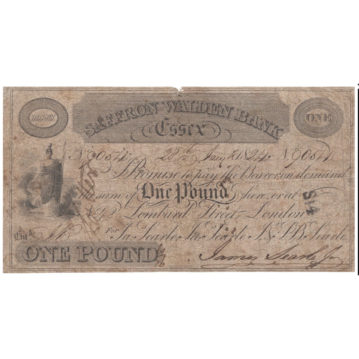 Saffron Walden Bank 1824 £1 banknote Outing 1848b