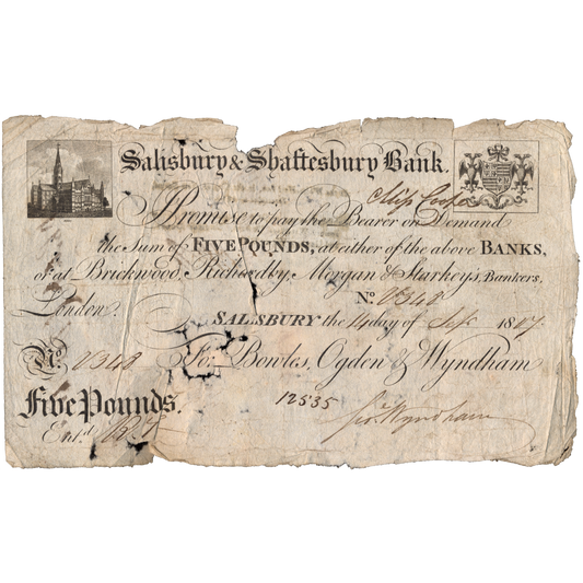 Salisbury & Shaftsbury Bank 1817 £5 banknote Outing 1922b