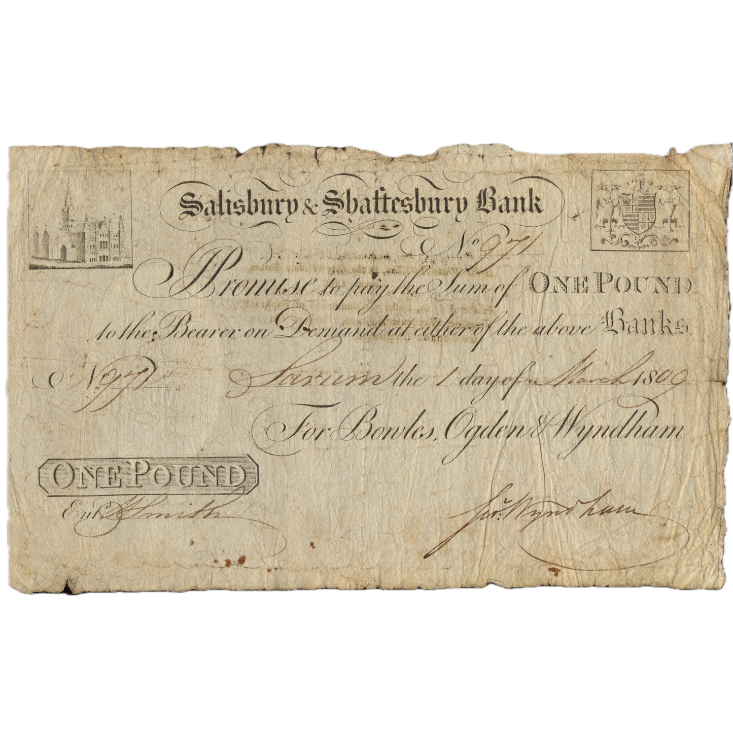 Salisbury & Shaftsbury Bank 1809 £1 banknote Outing 1922a