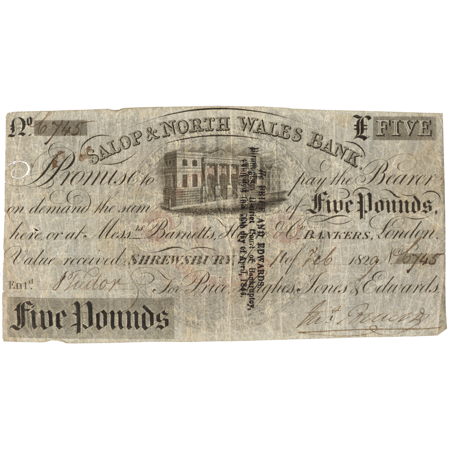 Salop & North Wales Bank Shrewsbury 1829 £5 banknote Outing 1962a