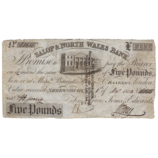 Salop & North Wales Bank Shrewsbury 1830 £5 banknote Outing 1962b