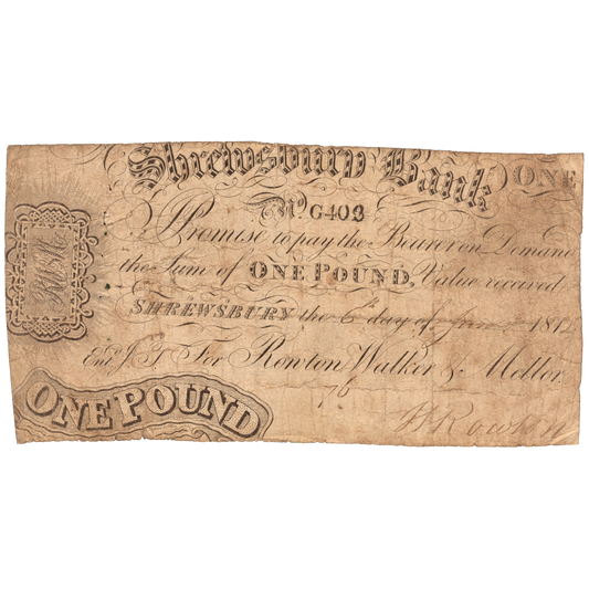 Shrewsbury Bank 1812 £1 banknote Outing 1960a
