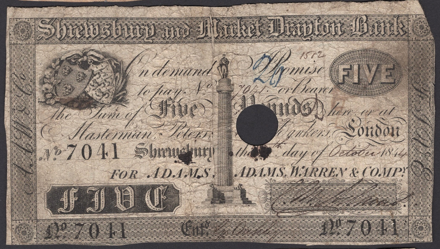 Shrewsbury and Market Drayton Bank 1844 £5 banknote Outing 1964b