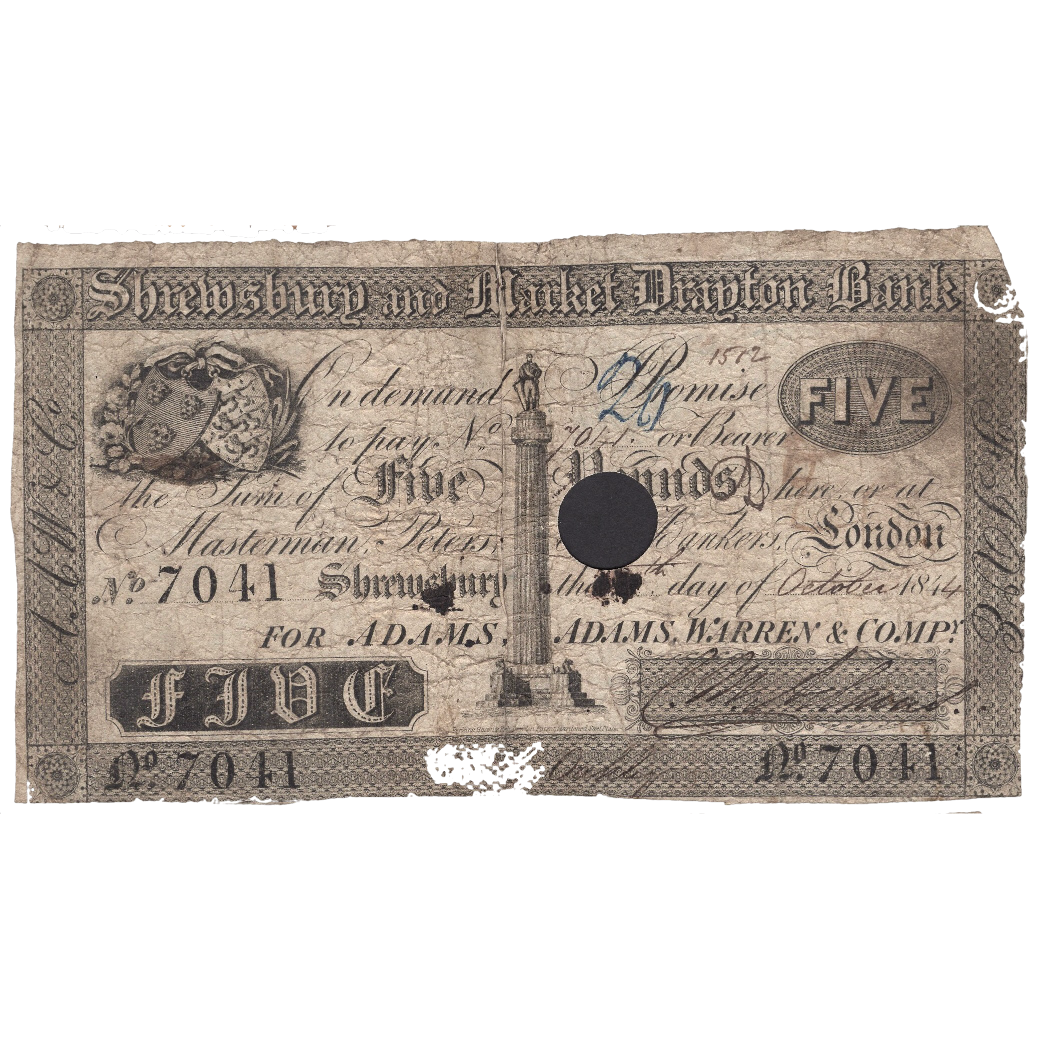 Shrewsbury and Market Drayton Bank 1844 £5 banknote Outing 1964b