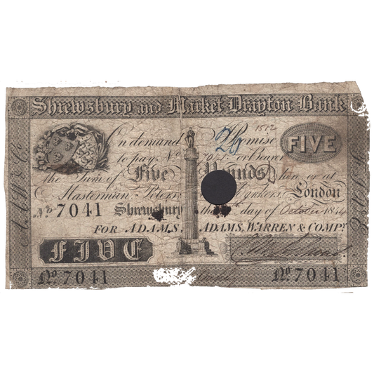 Shrewsbury and Market Drayton Bank 1844 £5 banknote Outing 1964b