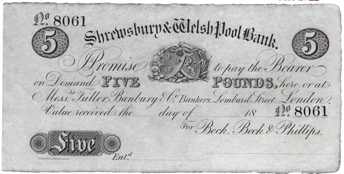 Shrewsbury & Welshpool Bank 1844 £5 unissued banknote Outing 1958l