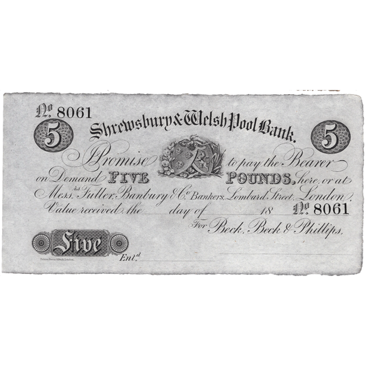 Shrewsbury & Welshpool Bank 1844 £5 unissued banknote Outing 1958l