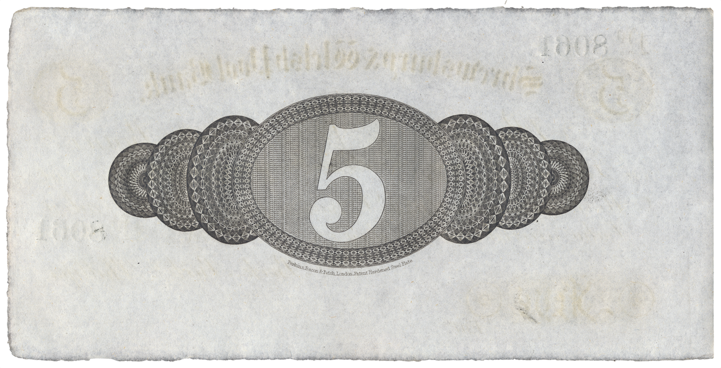 Shrewsbury & Welshpool Bank 1844 £5 unissued banknote Outing 1958l