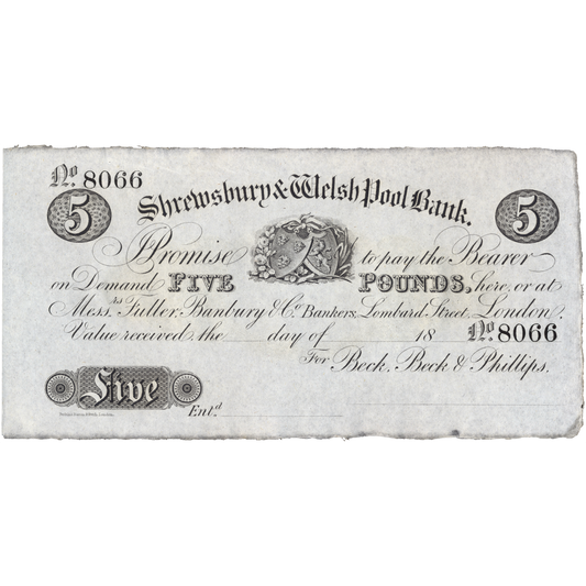 Shrewsbury and Welshpool Bank 18-- £5 unissued banknote Outing 1958l