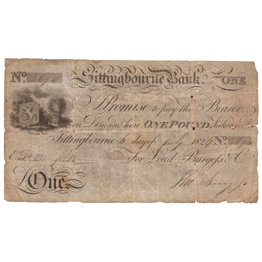 Sittingbourne Bank 1824 £1 banknote Outing 1969a