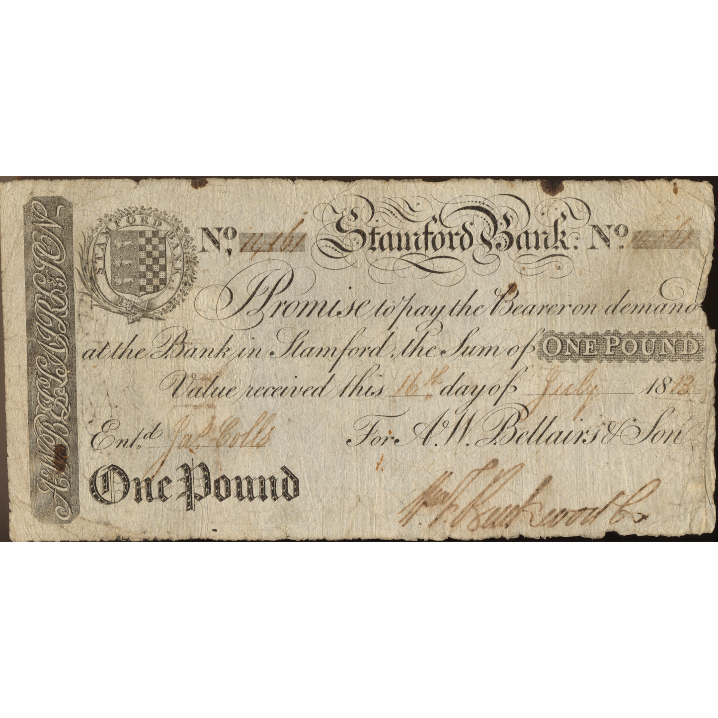 Stamford Bank 1813 £1 banknote Outing 2030a