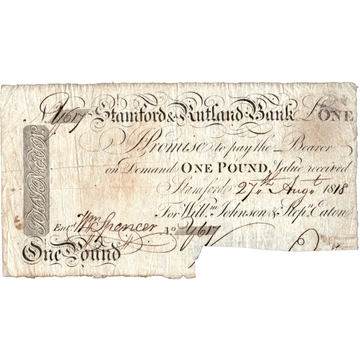 Stamford & Rutland Bank 1818 £1 banknote Outing 2033b