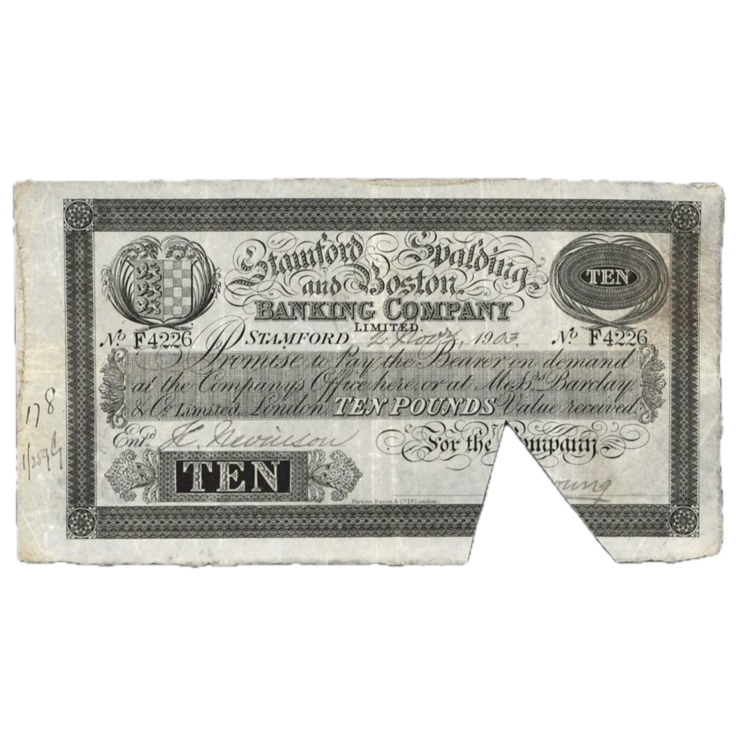 Stamford, Spalding & Boston Bank 1903 £10 banknote NVF Outing 2036h