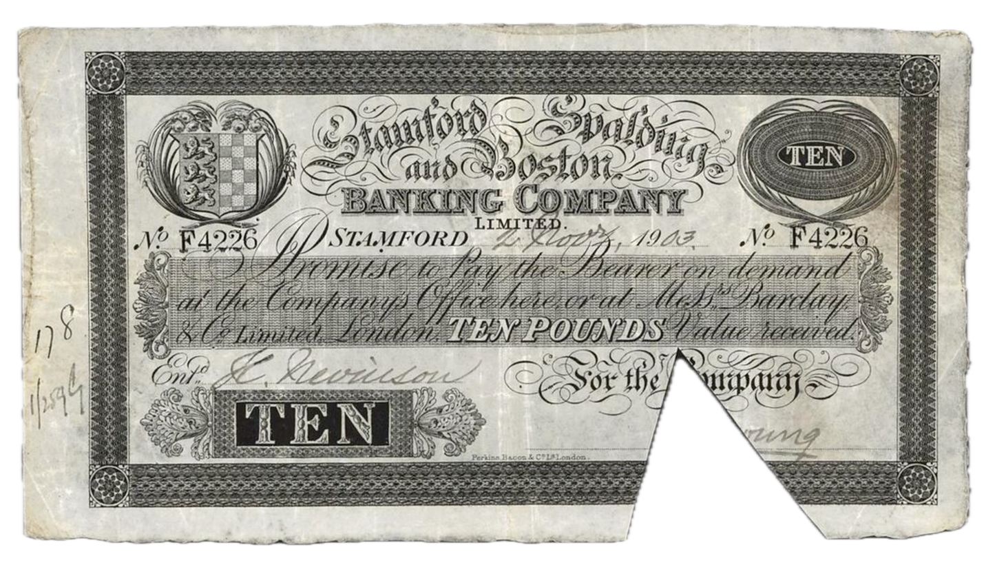 Stamford, Spalding & Boston Bank 1903 £10 banknote NVF Outing 2036h