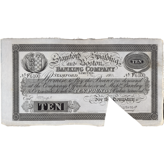 Stamford, Spalding & Boston Bank 1906 £10 banknote Outing 2036h