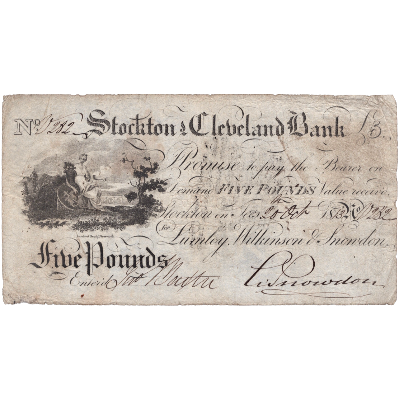 Stockton & Cleveland Bank 1813 £5 banknote Outing 2046c