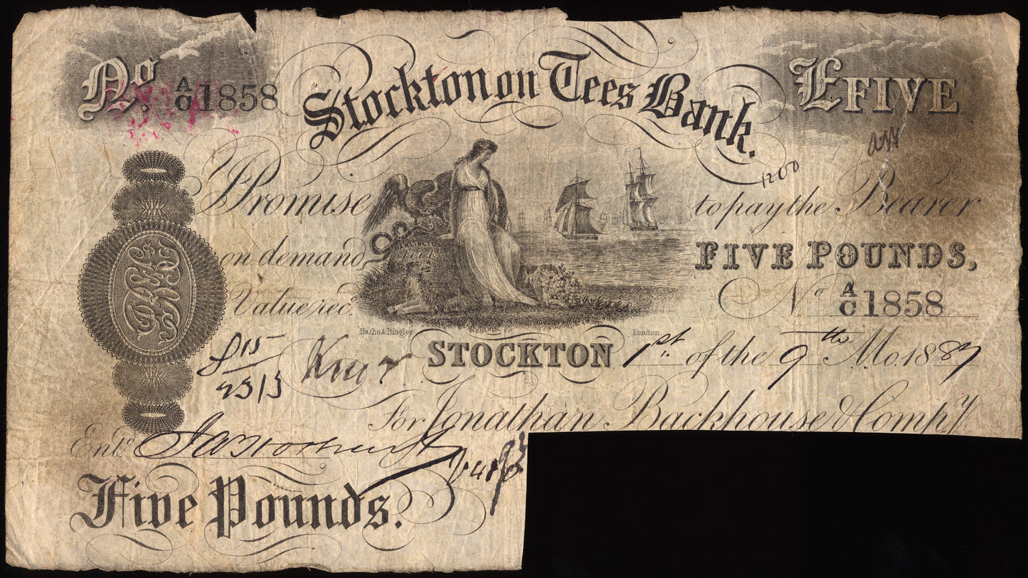Stockton on Tees Bank 1895 £5 banknote Outing 2050c