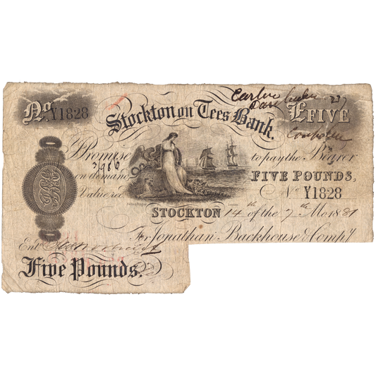 Stockton on Tees Bank 1889 £5 banknote Outing 2050c