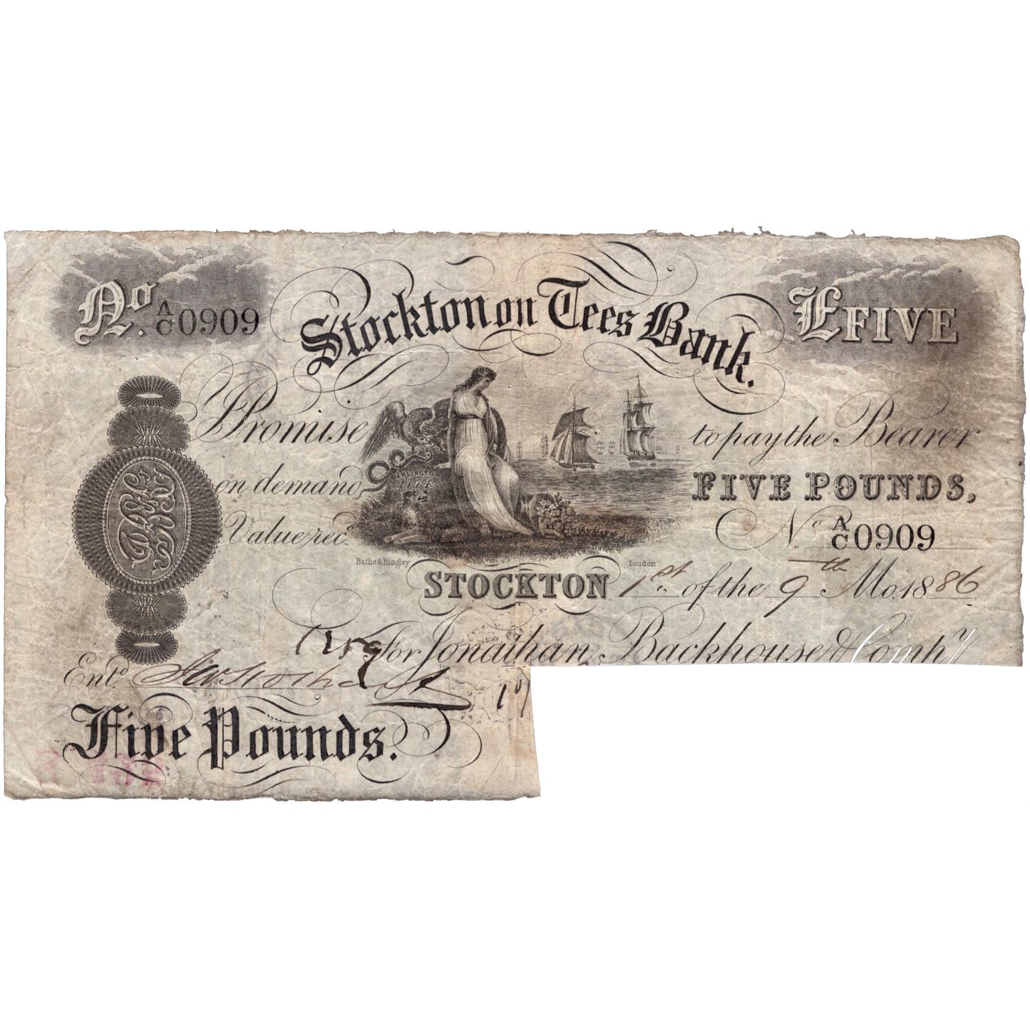Stockton on Tees Bank 1889 £5 banknote Outing 2050c