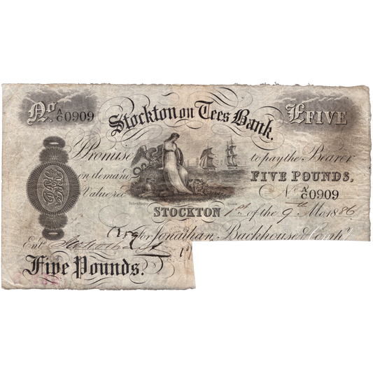 Stockton on Tees Bank 1889 £5 banknote Outing 2050c