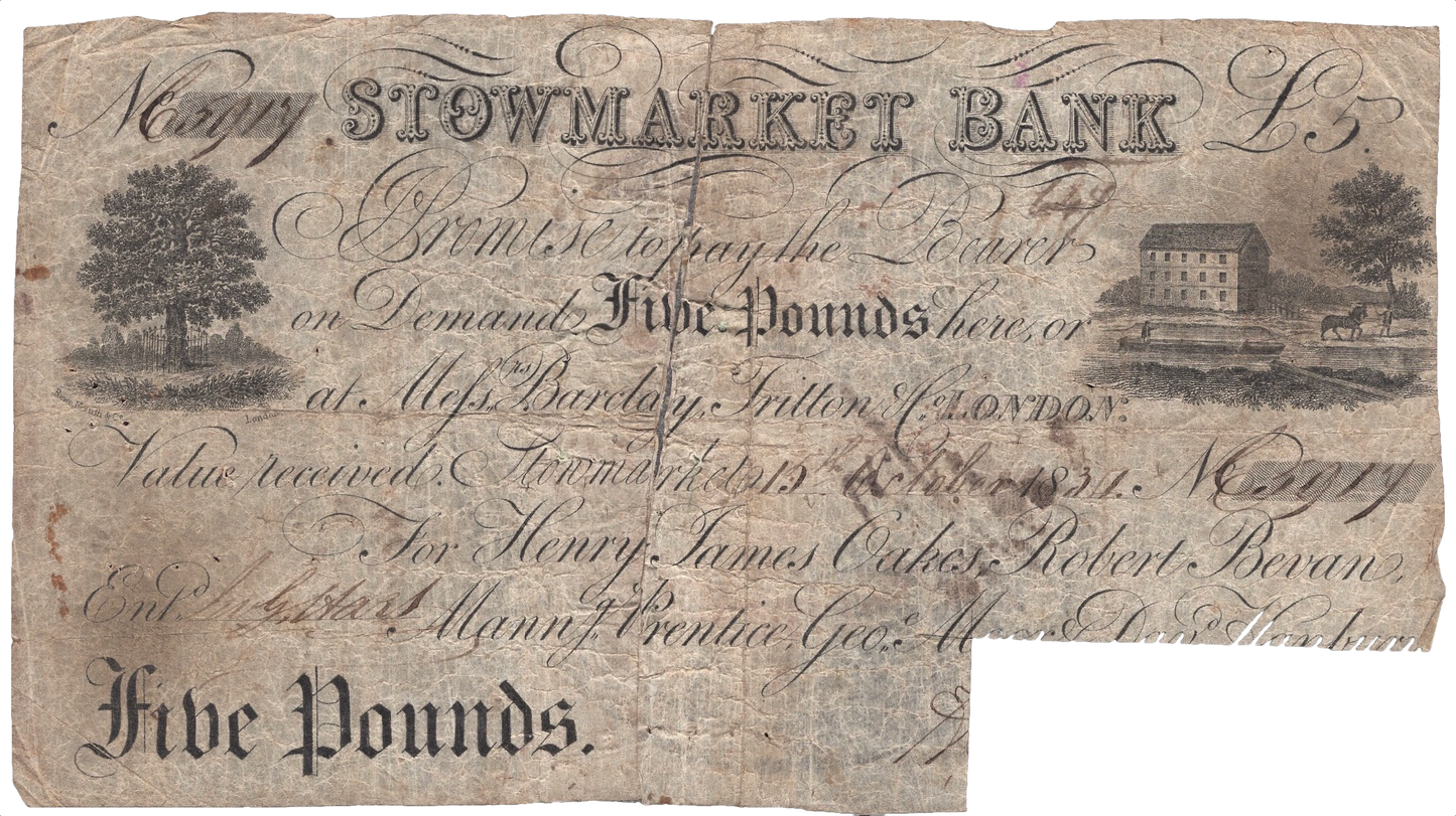 Stowmarket Bank 1834 £5 banknote Outing 2076 for bank