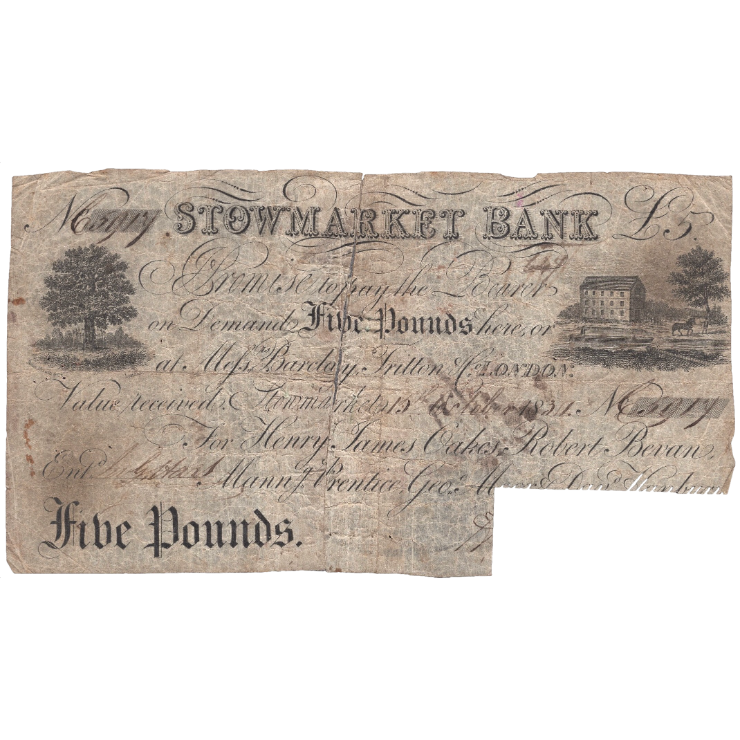Stowmarket Bank 1834 £5 banknote Outing 2076 for bank