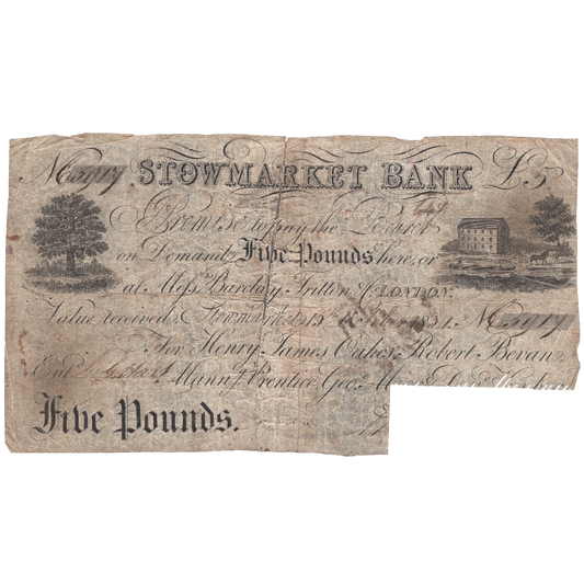 Stowmarket Bank 1834 £5 banknote Outing 2076 for bank