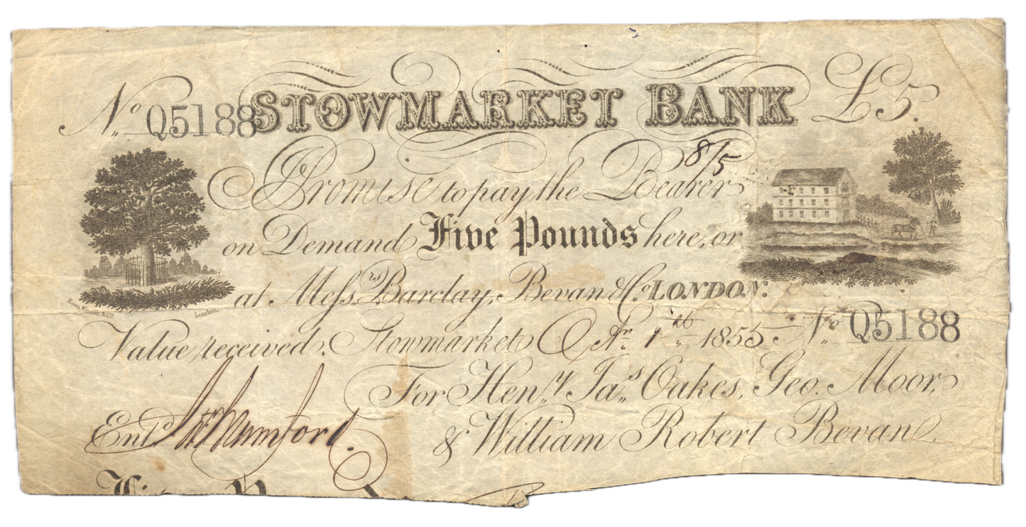 Stowmarket Bank 1855 £5 banknote F Outing 2076f