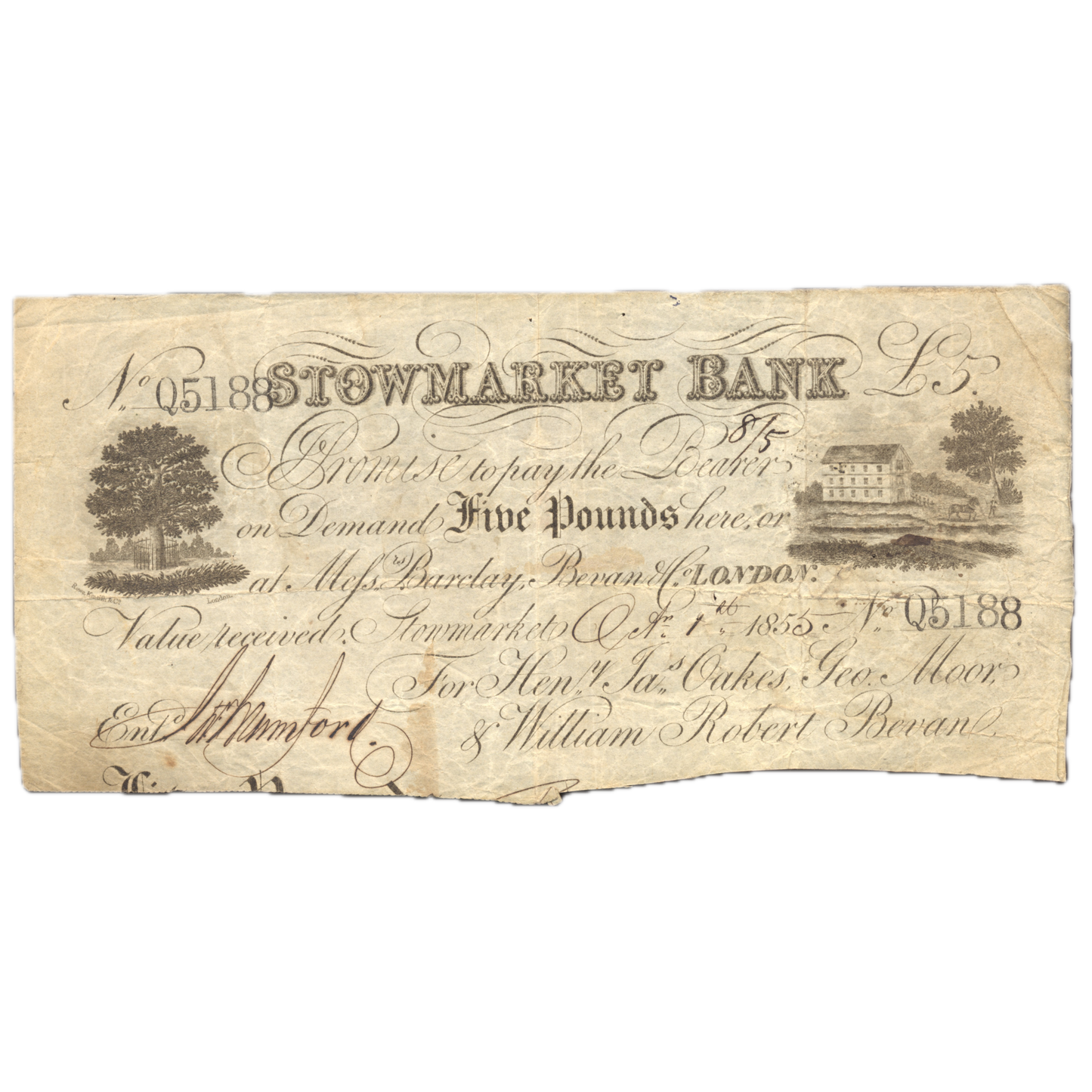 Stowmarket Bank 1855 £5 banknote F Outing 2076f