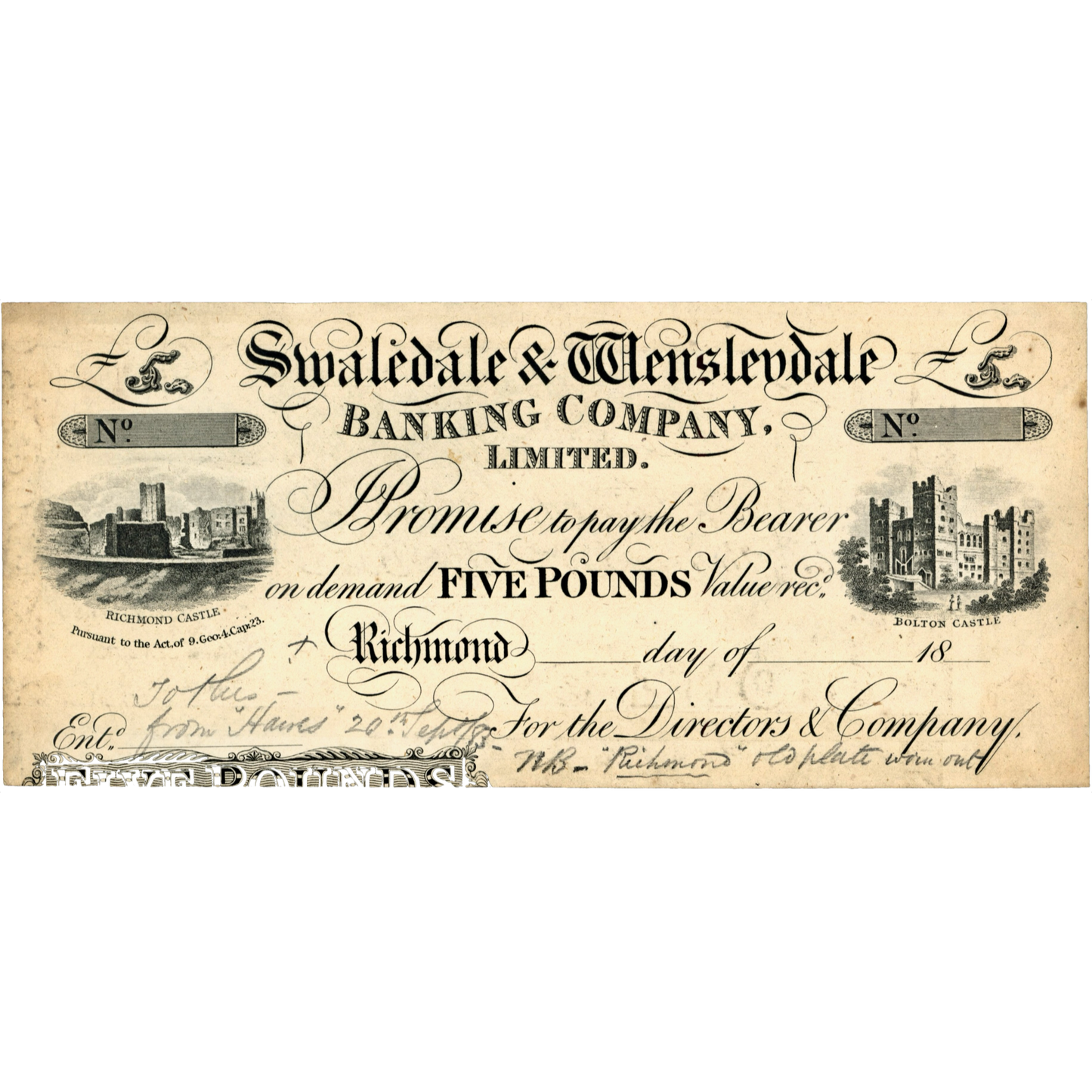 Swaledale & Wensleydale Banking Company 1883 £5 proof banknote Outing 1786d