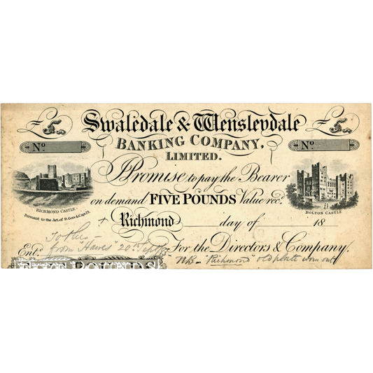 Swaledale & Wensleydale Banking Company 1883 £5 proof banknote Outing 1786d