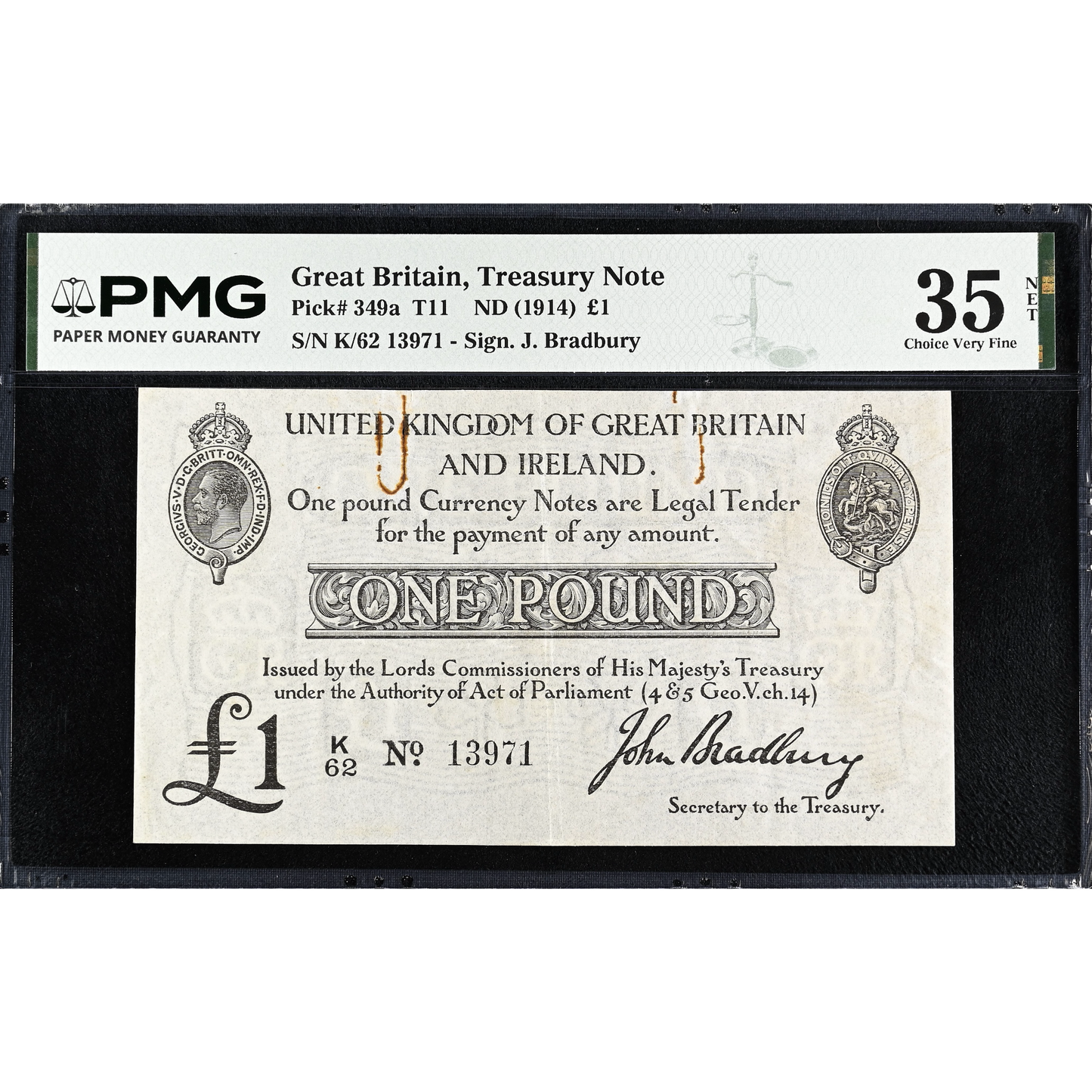 ENGLAND P.349a T11.1 1914 HM Treasury Bradbury £1 K/62 Choice VF 35