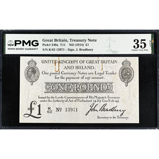 ENGLAND P.349a T11.1 1914 HM Treasury Bradbury £1 K/62 Choice VF 35