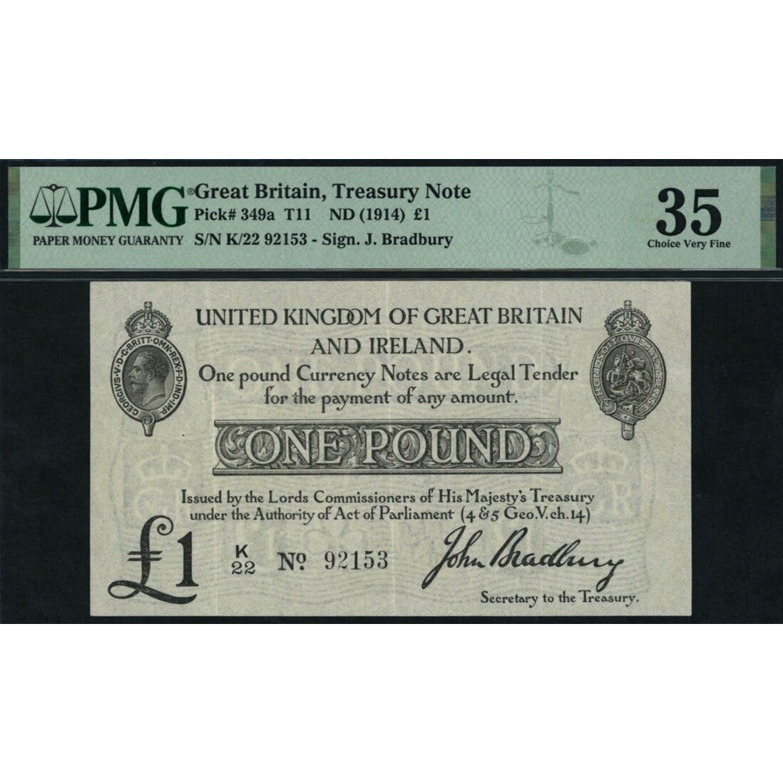 ENGLAND P.349a T11.1 1914 HM Treasury Bradbury £1 Choice VF 35