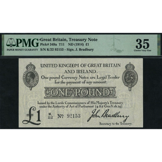 ENGLAND P.349a T11.1 1914 HM Treasury Bradbury £1 Choice VF 35